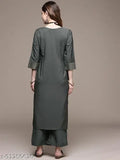 Dark Grey Crepe Kurta & Palazzo Set: Printed Indian women's attire with 3/4 sleeves & side slits, elasticated back palazzos
