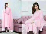 Cotton NEW TRENDIG kurta set with pants and dupatta, solid net design, three-quarter sleeves, Indian fashion for sizes XS to L