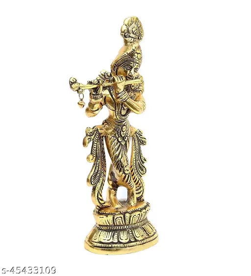 Gold-plated metal Krishna Idol playing Bansuri showpiece, traditional Indian artistry for home decor