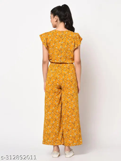 Yellow printed trending jumpsuit, sleeveless polyester net culotte style, mustard color, best-selling Indian design