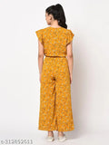 Yellow printed trending jumpsuit, sleeveless polyester net culotte style, mustard color, best-selling Indian design