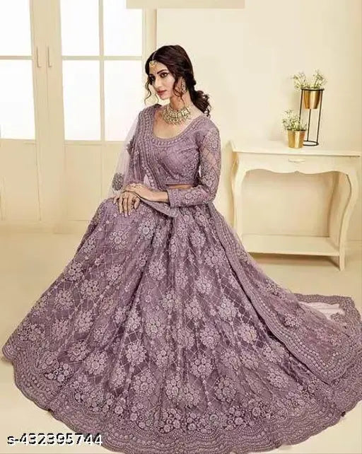 Stylish net lehenga choli with diamond embroidery, embracing elegance for girls & women in semi-stitched design (42in waist, 42in length, 70in dupatta)