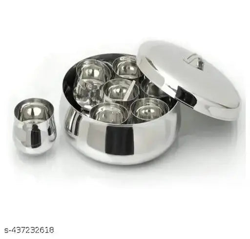 Stainless steel masala dabba set with 12 individual spice bowls for kitchen