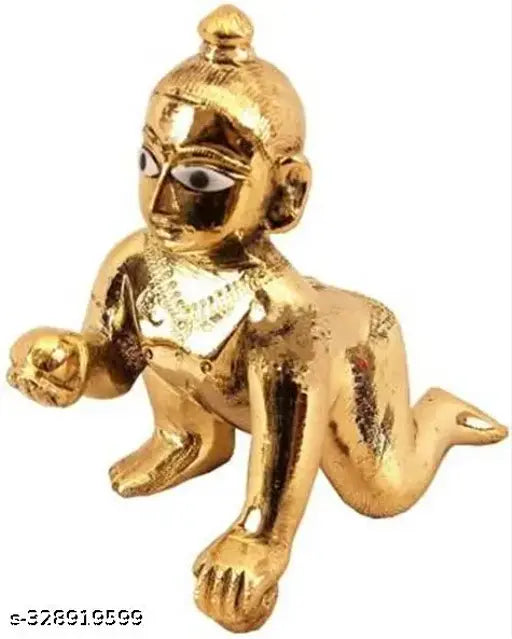 Brass Krishna Murti decorative showpiece, gold-toned Indian Krishna Idol, 12 cm tall for Pooja Mandir or tabletop display