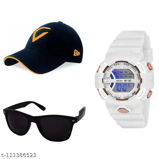 A white sports watch with a digital display and multifunctionality, featuring red and black accents and housed within a white plastic case. The watch is shown on a black wristband, accompanied by a navy blue cap and sunglasses with a black frame