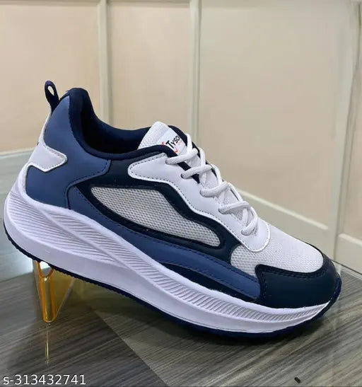 Kids sporty blue and white sneakers with lace-up front