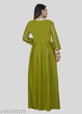 Solid green rayon, embellished full-sleeve Anarkali gown for women | Indian ethnic wear, three-quarter sleeves
