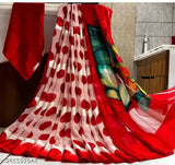 Colorful patna saree with unstitched blouse, red and white polka dots