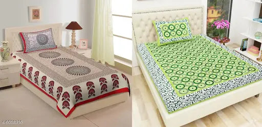 Voguish stylish cotton single combo bedsheets, white with modern design, pack of 2 from India