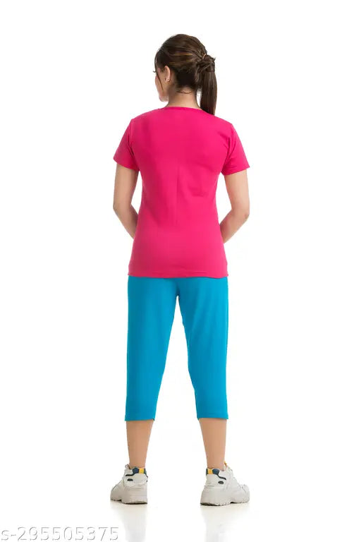 Women's cotton blended capri top & set, solid color with slim fit & mid-rise. Breathable fabric for casual wear, exercise, or special occasions. Made in India