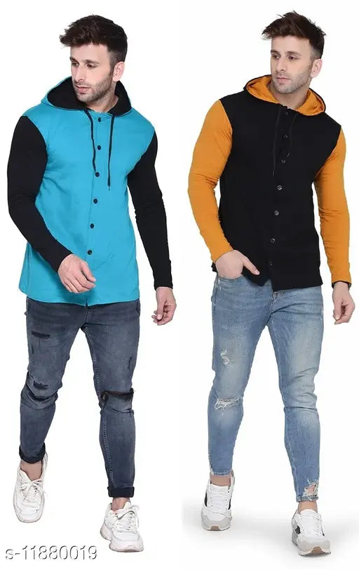 Multicolor cotton blend full sleeve T-shirts pack of 2 for men, featuring solid patterns and long sleeves on display