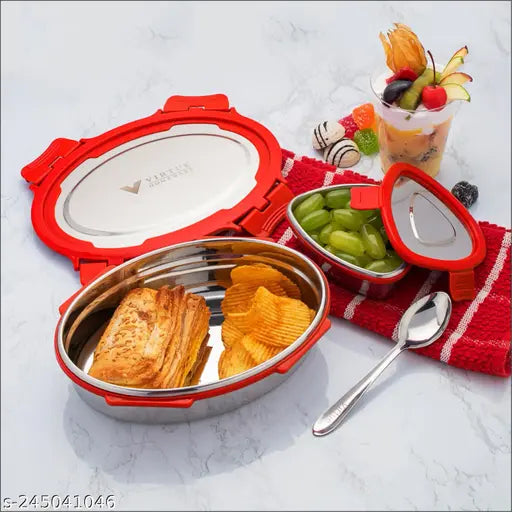 VIRTUE Stainless Steel Ovel Lunch Box Air Tight Container lids & Leakage Proof Tiffin Box For School /Office / Tiffin Box With Container / Steel Tiffin Box / Steel Lunch Box( RED/BLUE/PINK/BROWN) 850 ml X 200 ml