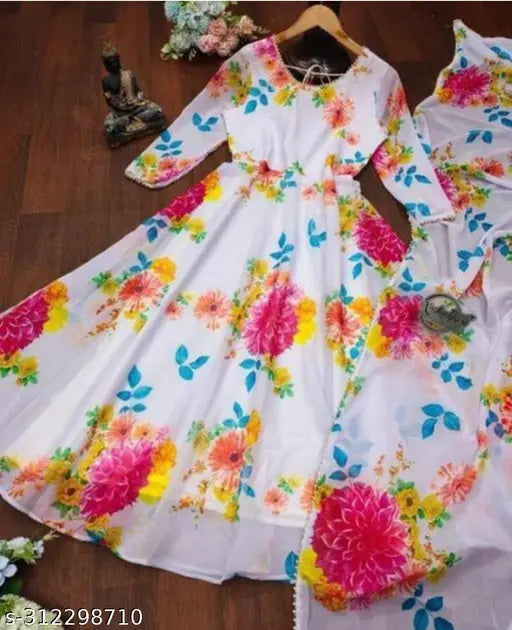 Georgette floral printed party gown with dupatta, long sleeves, hand wash. Women's versatile fashion for parties, events, and daily life