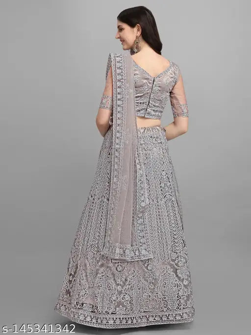 Trendy semi-stitched net lehenga choli & dupatta with embroidered patterns, Indian wedding wear for women (L: 44m x 44m, D: 2.35m)