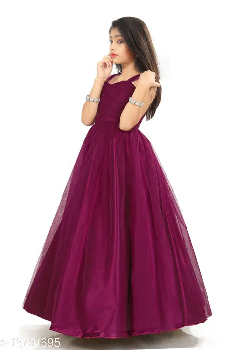 Purple net ethnic gown for girls, sleeveless solid pattern on satin fabric, size 15-16 years, Indian origin