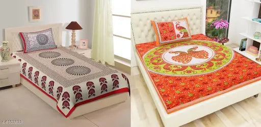 Attractive Jaipuri printed cotton single bedsheet with 2 pillow covers, 160 thread count, India origin