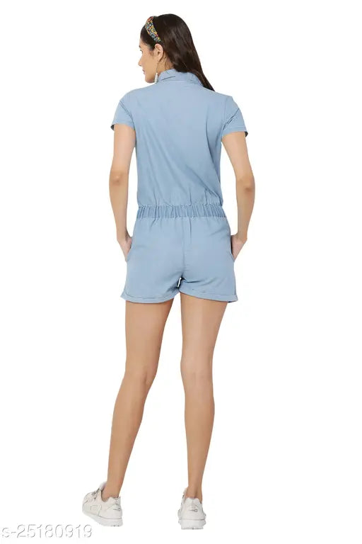 Blue solid denim half jumpsuit, stylish women's three-quarter sleeve denim outfit from Avyanna, India