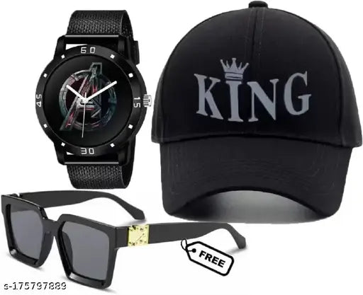 Trendy men's black cotton king cap combo of 3: Solid, self-designed, printed caps with adjustable watch and GL+ sun protection (India)