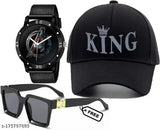 Trendy men's black cotton king cap combo of 3: Solid, self-designed, printed caps with adjustable watch and GL+ sun protection (India)