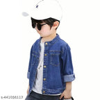 Blue denim single collar jacket, long sleeves, dyed/washed for kids' fashion (2-3 years - 7-8 years) from India