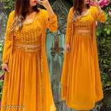 yellow color georgette embroidered long gown choli skirt for women's wedding party wear, Bollywood-inspired indowestern set with shrug