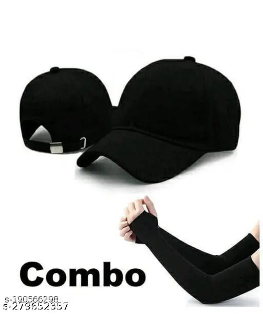 Black cotton baseball cap, pair, with black arm warmers