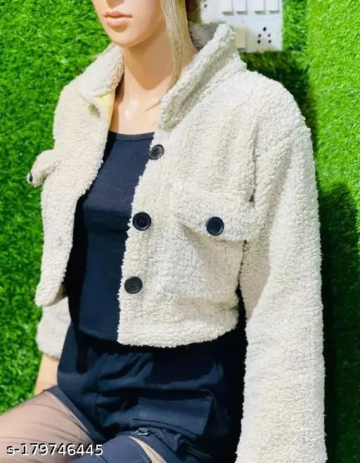 Trendy women's wool Sherpa fleece crop jacket, cozy with buttoned closure, perfect for chilly weather