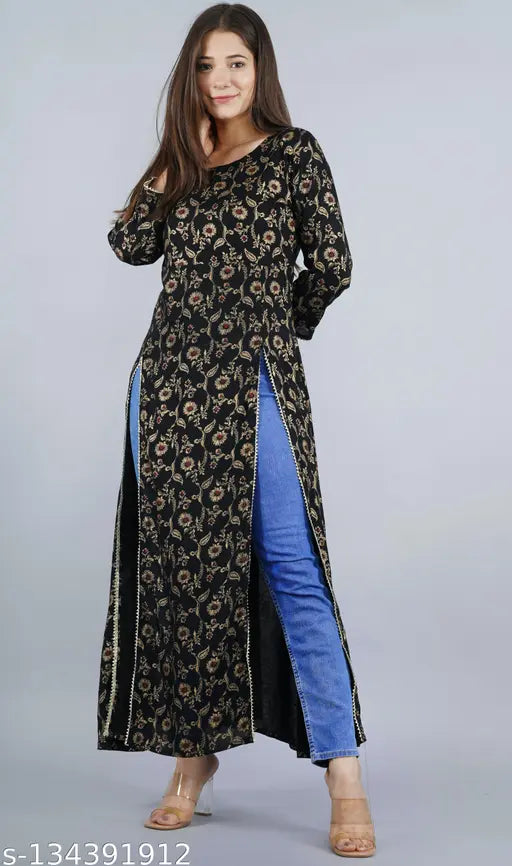 Designer Flower printed FrontSlit Rayon Kurta, three-quarter sleeves, single color print, Indian ethnic wear - S (36in), M (38in), L (40in), XL (42in), XXL (44in)