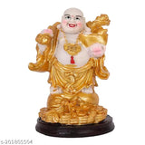 Polyresin laughing Buddha figurine with gold coins, 11cm x 17cm x 11cm, perfect for gifting or home decoration. Handmade in India