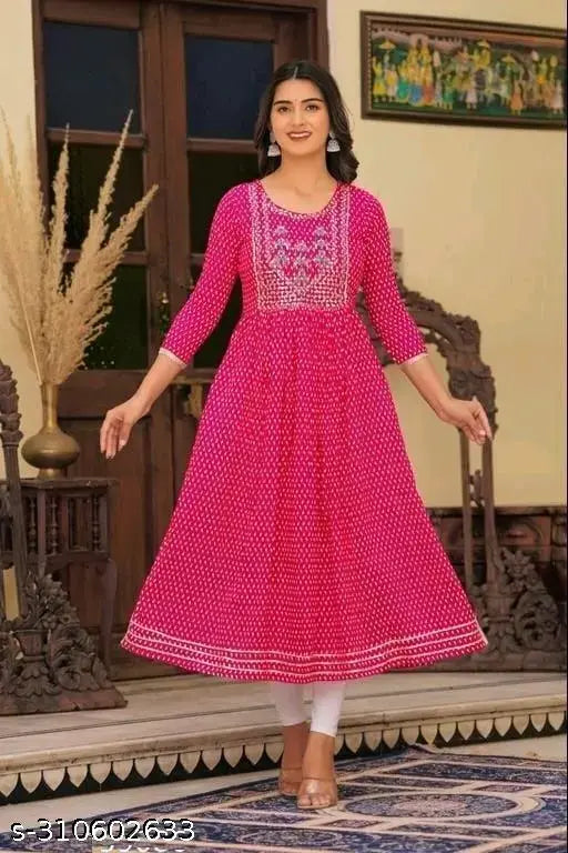 Rayon Nyra cut kurti for women, three-quarter sleeves, printed pattern, India