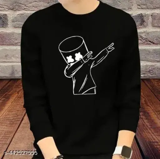 Mens black trending t-shirt, polyester long sleeves with printed design, size S (36in chest, 26in length)