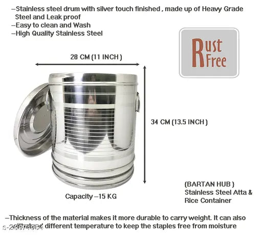 Stainless steel jars with silver tops, made up of heavy grade metal and leak proof, available in sizes from 15cm to 36cm in thickness. Can be used for various purposes including storage and kitchen use