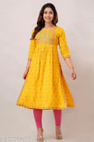 Women's yellow kurta, festive wedding wear, haldi ceremony attire, long sleeves, traditional Indian fashion