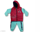 Trio of winter clothing set for kids, full sleeve t-shirt with hood, jacket and pants in red, blue and green, zipper closure