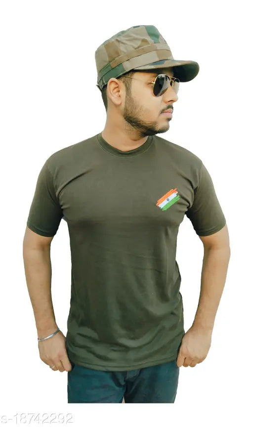 Cotton blend AXOLOTL military army style t-shirt for men, embroidered net pattern. Great for casual or sportswear, pairs well with jeans or shorts. Machine washable, made in India