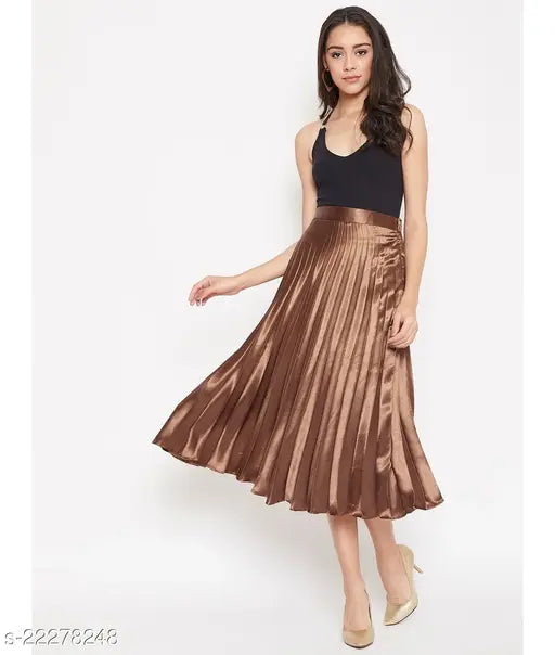 Brown pleated satin skirt, solid net pattern, elastic waistband, feminine charm, uber chic, India-made
