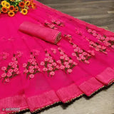 Soft net bollywood-designed floral embroidery saree with unstitched blouse piece, vibrant and trendy Indian wear made of Sana Silk