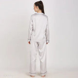 Solid silver satin loungewear set for women - XS, L, XL, XXL, Indian-made long-sleeve shirt and pyjama set
