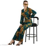 Green polyester POPWINGS women's animal print v-neck jumpsuit on mannequin