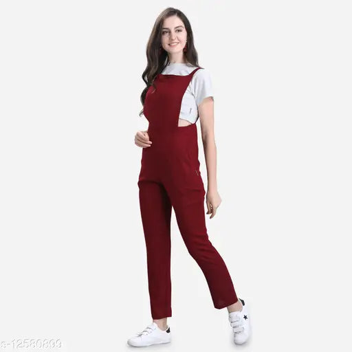 Solid rayon women's dungaree, short sleeves, solid pattern, casual wear from India