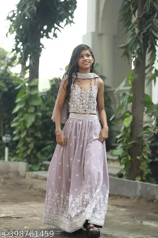 Girls lavender cotton lehenga choli suit, intricate sequence embroidery, perfect for special occasions
