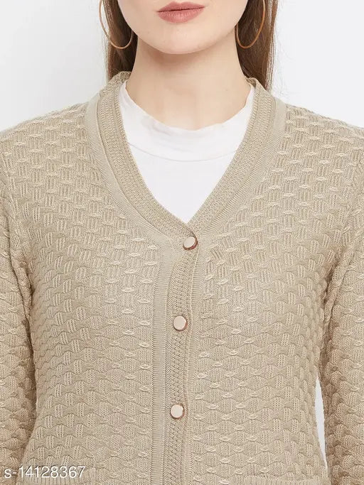 Woolen Zigo Beige regular cardigan sweater with long sleeves, self-design knitted pattern. Model wearing for size reference