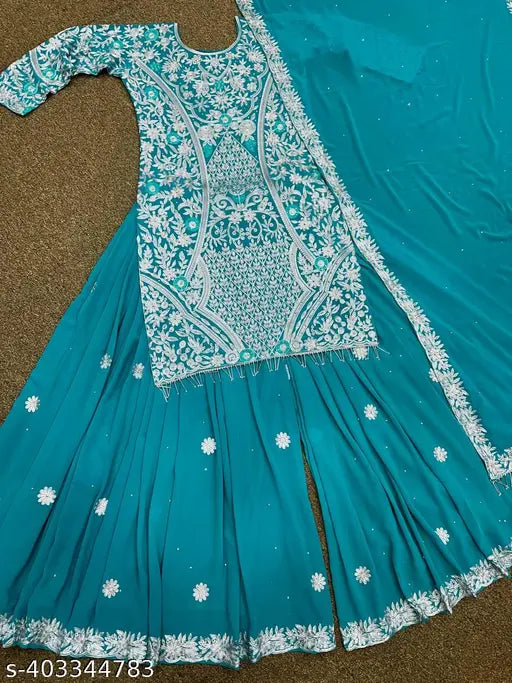 Embroidered net, heavy fox Georgette kurta & sharara set in XL (bust 40in), fancy full sleeve, micro cotton inner, faux Georgette dupatta, India origin