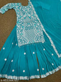 Embroidered net, heavy fox Georgette kurta & sharara set in XL (bust 40in), fancy full sleeve, micro cotton inner, faux Georgette dupatta, India origin