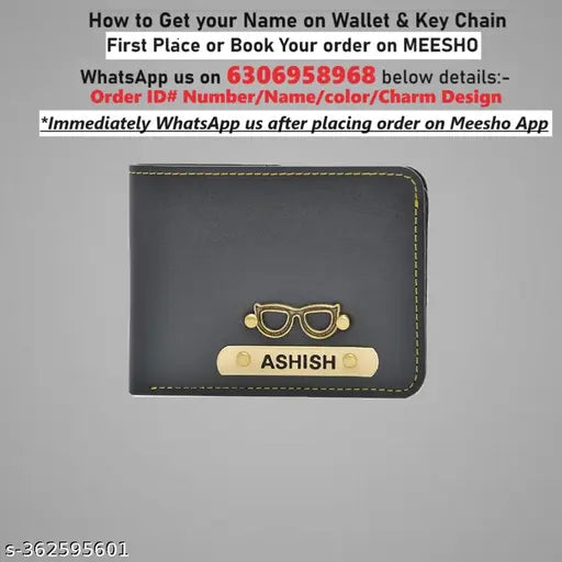 Customized canvas & leather wallet and key chain combo - personalize with Name, color, Charm Design. Order on Gillkart, WhatsApp 6306958968 for ID number. Free size (10cm x 11cm), India origin