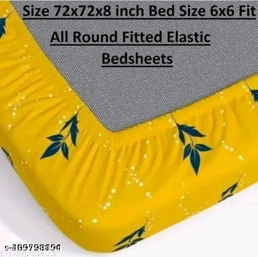 Glace cotton printed king size double bed sheet with elastic fitted design and 2 large pillow covers, ideal for summer. Smooth texture finish, subtle shine, and fits up to 8 inches mattress
