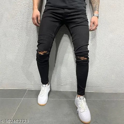Black distressed slimfit stretchable denim jeans for men - high-quality, affordable, durable, and versatile black jeans with comfortable fit. Sizes: 26 (waist 26in, length 40in), 28 (waist 28in, length 40in), 30 (waist 30in, length 40in), 32 (waist 32in, length 40in). Made in India