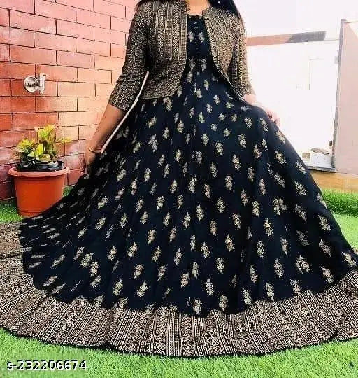 Black rayon Anarkali kurti, sleeveless, printed combo for women (S: bust 36in, length 48in)