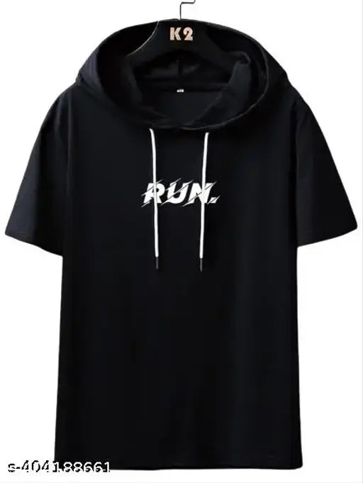 Black cotton blend men's hoodied t-shirt, printed with trendy design, half sleeve, regular fit