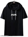 Black cotton blend men's hoodied t-shirt, printed with trendy design, half sleeve, regular fit